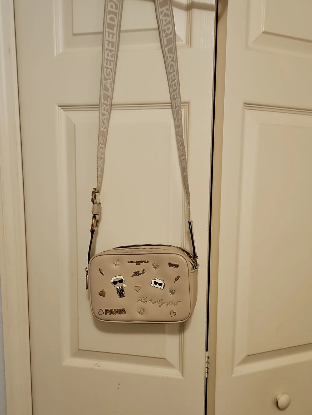 Karl Lagerfeld Beige Crossbody Bag with Logo Strap and Charms